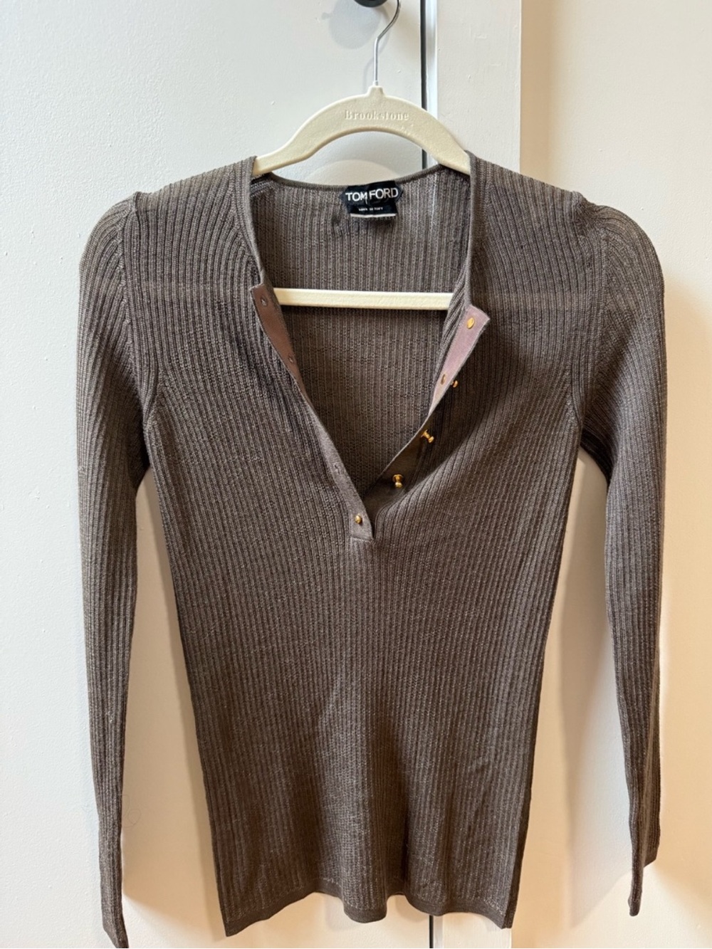 Tom Ford Taupe-Brown Ribbed Snap-Front Long Sleeve Top